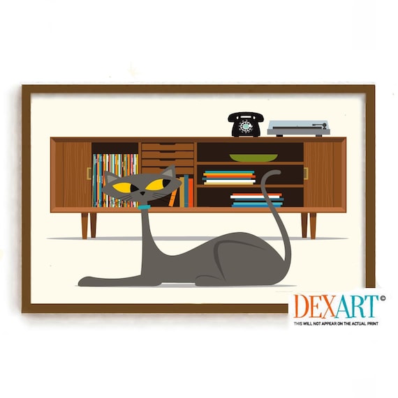Mid Century Modern Wall Art Print, Atomic Gray Cat Decor, Scandinavian Decor, Record Player, Cat Lover Gift, Danish Modern Credenza