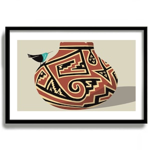 May include: A red, black, and cream colored ceramic pot with geometric patterns. A small blue and black bird is perched on the rim of the pot.