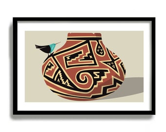 Native American Pottery Wall Decor, Southwest Art Print, Hummingbird Art, Southwestern Decor, Mexican Folk Art, Pueblo Pottery Gift