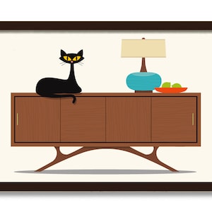 Mid Century Modern Cat Art, Black Cat Art Print, TV Stand, Scandinavian Decor, Living Room Wall Art, Cat Lover Gift, Retro TV, Danish Modern