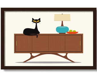 Mid Century Modern Cat Art, Black Cat Art Print, TV Stand, Scandinavian Decor, Living Room Wall Art, Cat Lover Gift, Retro TV, Danish Modern