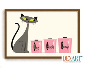 Mid Century Modern Kitchen Cat Wall Art, Gray Cat Art Print, Colorful Canisters, Cat Lover Gift Idea, Kitchen Art Print