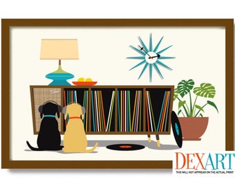 Mid Century Modern Art Print, Black Dog Lover Gift, Retro Sideboard, Monstera Print, Vinyl Record Storage, Record Player, Labrador Retriever