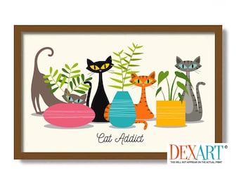 Mid Century Modern Art, Cat Art Print, Monstera Plant, Black Cat Lover Gift, Tropical Decor, Unique Planters, Tabby Cat, Houseplants Art