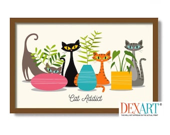 Puede incluir: Una ilustración de estilo retro de cinco gatos en fila, con el texto "Cat Addict" debajo. Los gatos están en varias poses, algunos sentados en jarrones y otros de pie. Los colores son brillantes y llamativos, con un esquema de color amarillo, naranja, azul, rosa y gris.