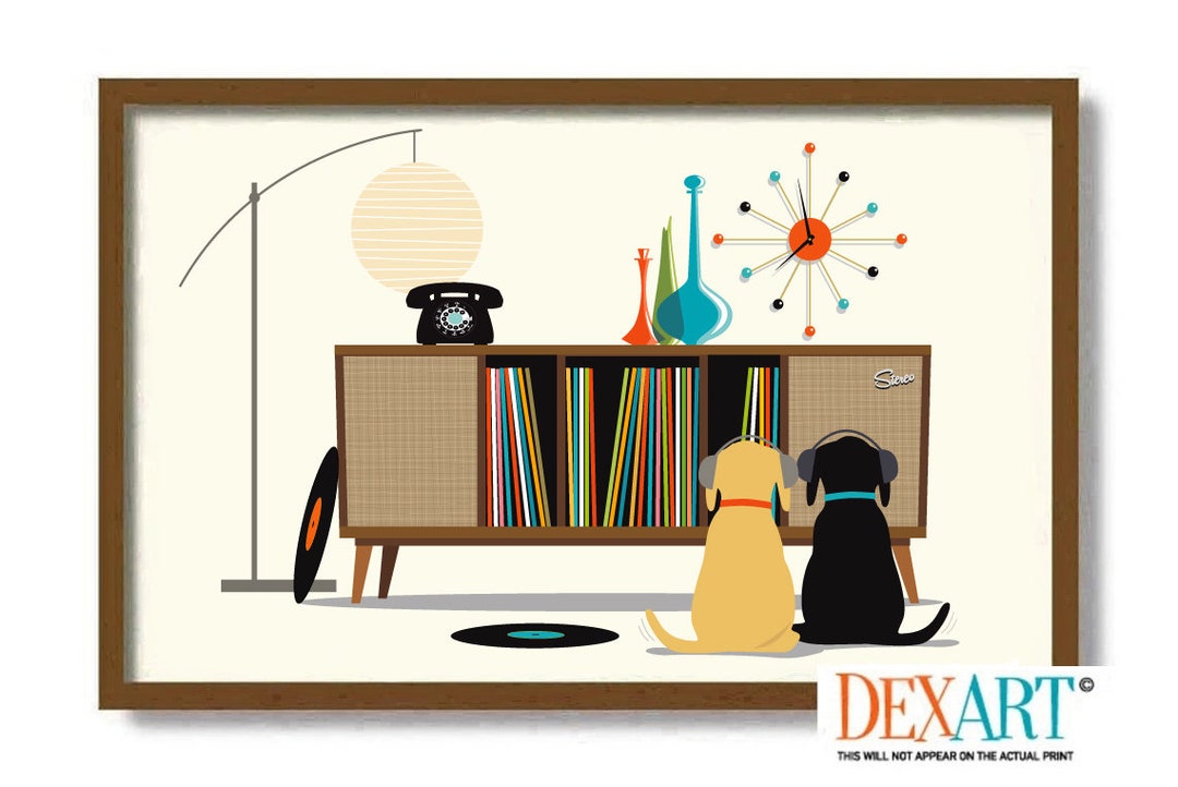 Mid Century Modern Wall Art Print, Black Dog Lover Gift, Retro