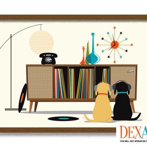 Impression d'art mural moderne Mid-Century, cadeau pour amoureux des chiens noirs, buffet rétro, laboratoire noir, tourne-disque, labrador retriever noir