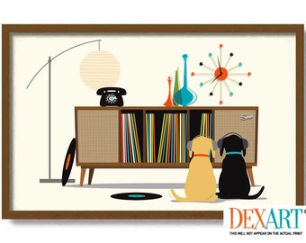 May include: Two dogs wearing headphones listen to a record player with a collection of vinyl records. The record player is a vintage style stereo with a wood cabinet and a speaker grill. The dogs are sitting in front of the record player, and there is a record on the floor in front of them. The room is decorated in a mid-century modern style, with a lamp, a clock, and vases.