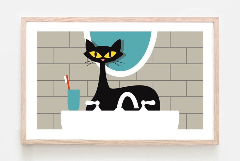 Cat Bathroom Decor Black Cat Art Print Mid Century Modern Etsy