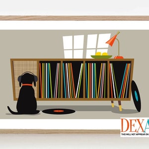 Mid Century Modern Art, Dog Lover Gift, Black Labrador Retriever, Retro Sideboard, Black Lab Art Print, Vinyl Record Storage, Record Player