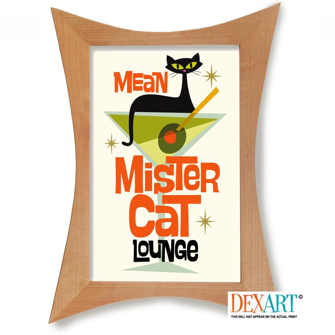 Mid Century Modern Atomic Cocktail Bar Wall Art, Black Cat Art Print ...