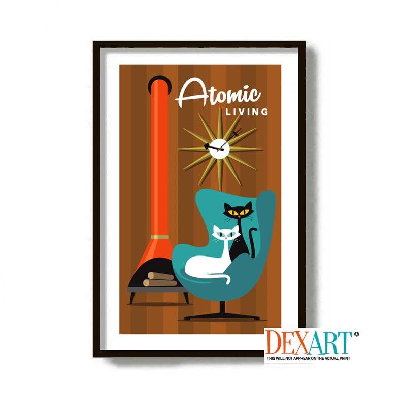 Mid Century Modern Wall Art Black and White Cat Art Print Etsy