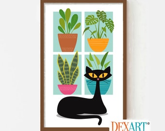 Mid Century Modern Cat and Plants Print, Black Cat Wall Art Print, Cat Mom, Garden Cat, Southwestern Decor, Gardener Gift, Cat Lover Gift