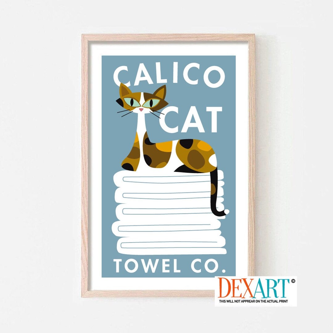 Calico Cat Art Print, Fluffy White Towels, Clothes Basket, Cat