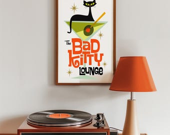 Mid Century Modern Atomic Cocktail Bar Wall Art, Bad Kitty Lounge, Black Cat Art Print, Martini Glass, Bartender Gift, Cat Lover Gift