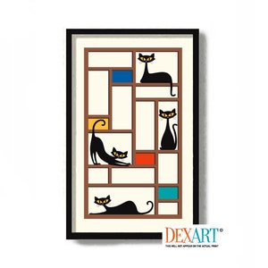 Mid Century Modern Black Cat Wall Art Print, Atomic Cat Wall Art, Cat Lover Gift, Modernist Wall Decor, Room Divider, Danish Modern