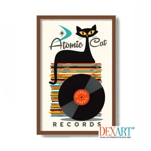 Atomic Cat Wall Art, Jazz Music Poster, Mid Century Modern Print, Black Cat Art Print, Vinyl Record Storage, Record Player, Vinyl LP