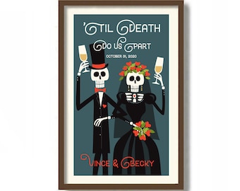 Personalized Skull Couple Wedding Art Print, Gothic Halloween Gift