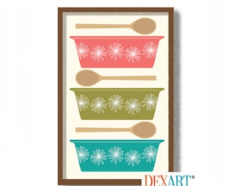 Kitchen Decor Wall Art Print, Mid Century Modern Kitchen Art Print Mixing Bowls Kitchen Decor Baking Gift Glass Bowls