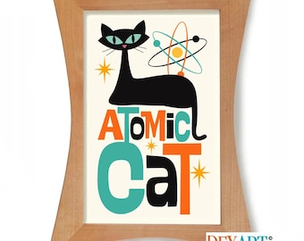Atomic Cat Art Print, Retro Sign, Mid Century Modern Art, Kitchen Wall Art, Black Cat Lover Gift, Cat Mom Gift, Pantry Sign