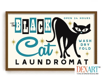 Atomic Cat Mid Century Modern Art Print, Laundry Room Decor Cat Wall Art, Black Cat Art, Cat Mom, Laundry Sign, Washing Machine