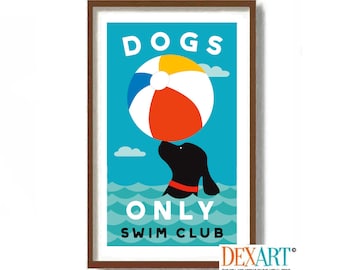 Dog Beach Wall Art Print, Swimmer Gift, Nautical Decor, Dog Lover, Black Labrador Retriever, Coastal Decor Poster, Lifeguard, Beach Ball