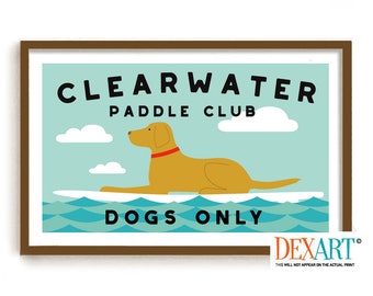 Personalized Dog Beach Wall Art Print, Yellow Lab, Lake House, SUP Paddle Board, Dog Lover, Yellow Labrador Retriever, Camp Water Dog