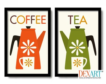 Mid Century Modern Art Print Set of 2, Kitchen Art, Coffee Art Print, Tea Lover Gift, Pantry Sign, Kitchen Teapot, Coffee Wall Decor,