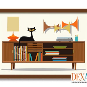 May include: A mid-century modern illustration of a black cat sitting on top of a wooden cabinet with shelves. The cabinet has a record player, books, and a lamp with an orange shade. There are three abstract yellow and orange sculptures on the wall behind the cabinet.