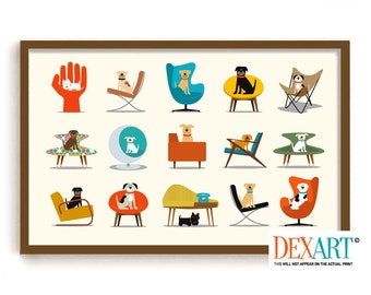 May include: A colorful illustration of dogs sitting in various mid-century modern chairs. The illustration features a variety of dog breeds and chair styles, including the Eames Lounge Chair, the Egg Chair, and the Barcelona Chair. The illustration is set against a white background.