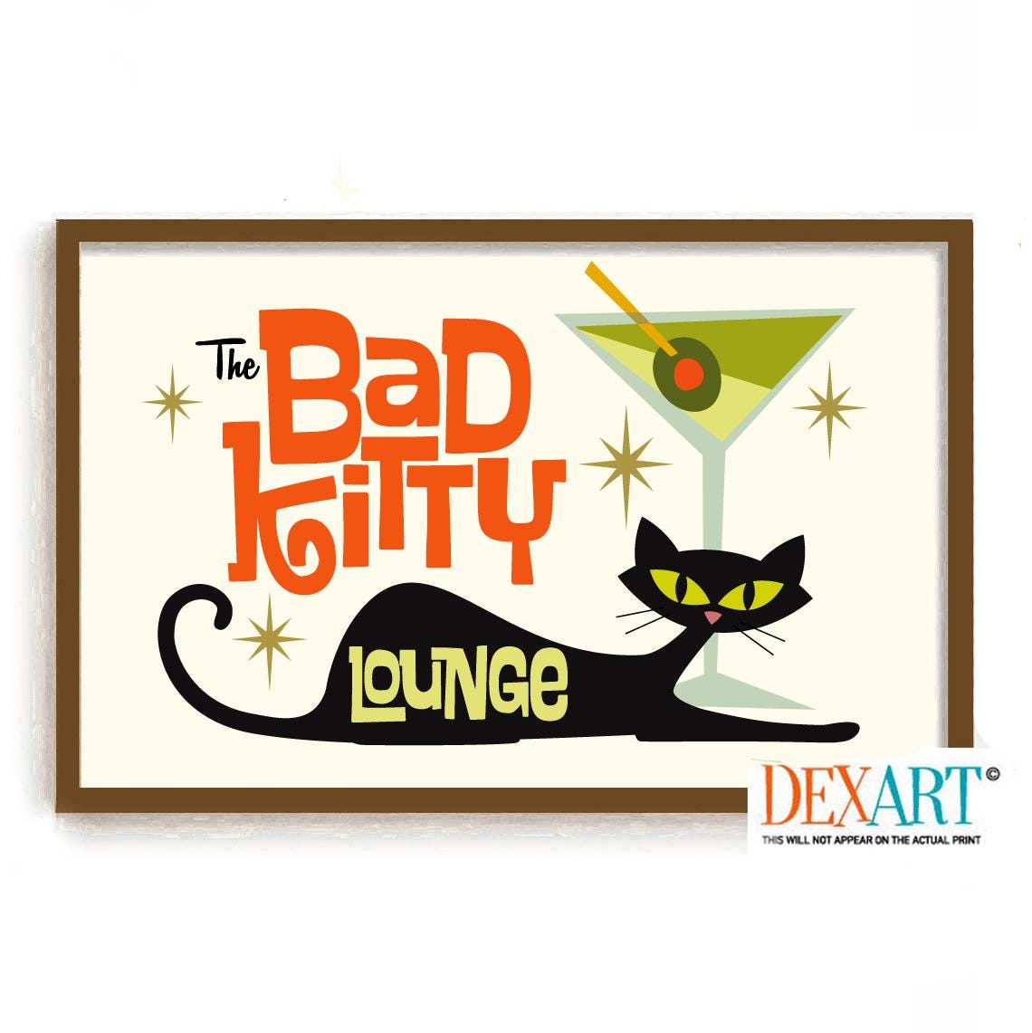 Mid Century Modern Atomic Cocktail Bar Wall Art, Black Cat Art Print ...