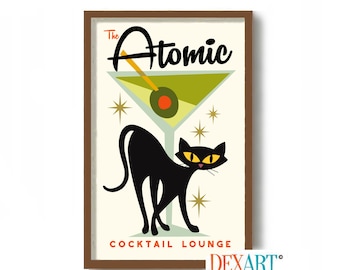 Mid Century Modern Atomic Cocktail Bar Wall Art, Black Cat Art Print, Martini Glass, Bartender Gift, Cat Lover Gift, Alcohol Wall Art