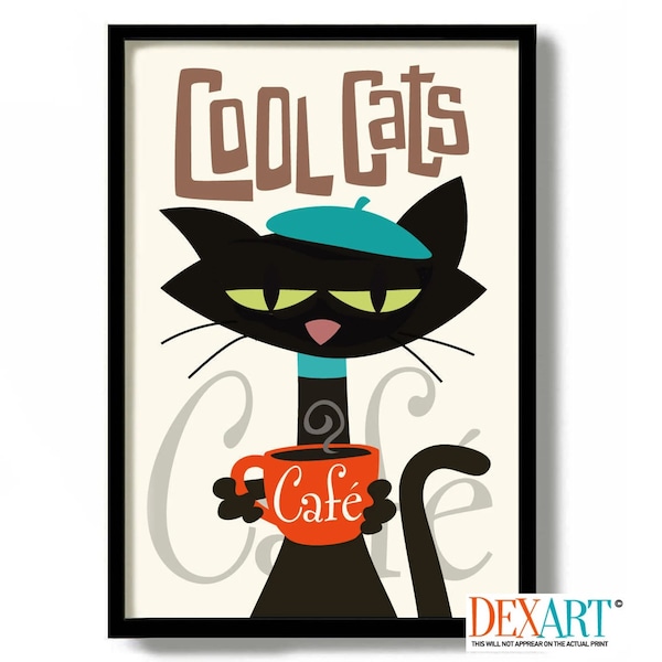 Black Cat Print French Cafe Coffee Sign Gift Idea Kitchen Art Print Mid Century Modern Coffee Sign Poster Sign Cat Decor Beatnik Style