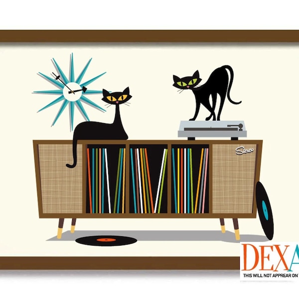 Vinyl Record Decor, Mid Century Modern Black Cat Wall Art Print, Audiophile Gift, Turntable Stand, Record Storage Record Player Cat Lover