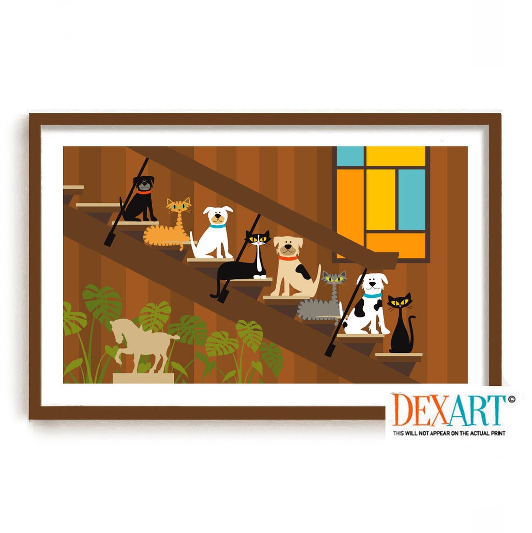 Cats and Dogs Art Print Mid Century Modern Family of Cats Etsy