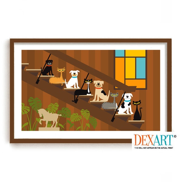 Cats and Dogs Art Print Mid Century Modern Family of Cats, Retro TV Family Show, Cat Lover Gift, Mutt Dog Mom, Tabby Cat, Tuxedo Cat