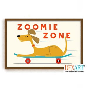 Zoomies Skateboard Art Print, Dogs Play Area Art Print, Dog Wall Art Print, Mid Century Modern Wall Decor, Yellow Dog Lover Gift, Dog Dad