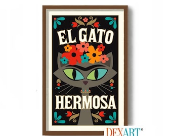 Mexican Folk Art Print, Black Cat Wall Art, Spanish Cat Lover Gift, Mexican Decor, Hispanic Decor