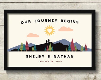 Hiking Wedding Gift for Couple, Outdoor Enthusiast, Adventure Awaits Adventurous Couple Personalized Art Print Outdoorsy Camping Backpacking