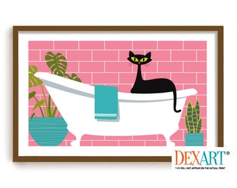 Cat Bathroom Art Print, Mid Century Modern Art, Black Cat Lover Gift, Bath Decor, Claw Foot Tub, Bath Time, Cat Poster, Funny Bathroom Signs