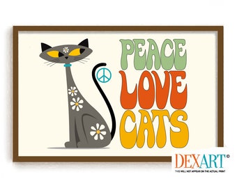Hippie Decor, Mid Century Modern Cat Art Print, Peace Love Cats, Flower Power, Psychedelic, Woodstock, Cat Mom Boho Cat Lover Gift