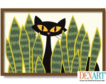 Atomic Cat and Plants Art Print, Snake Plant Wall Art, Mid Century Modern Art, Black Cat Lover Gift, Tropical Decor, Black Cat Art