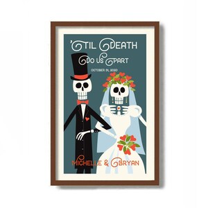 May include: A wedding announcement with a skeleton couple in black and white, with red hearts and flowers. The text reads 'Til Death Do Us Part' and 'October 31, 2020'. The couple's names are 'Michelle & Bryan'.