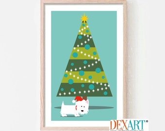 Mid Century Modern Christmas Westie Dog Art Print, White Dog Lover Gift, West Highland Terrier