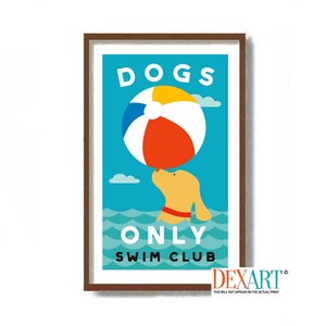 Swimmer Gift, Dog Beach Wall Art Print, Nautical Decor, Dog Lover, Yellow Labrador Retriever, Coastal Decor Poster, Life Guard, Beach Ball