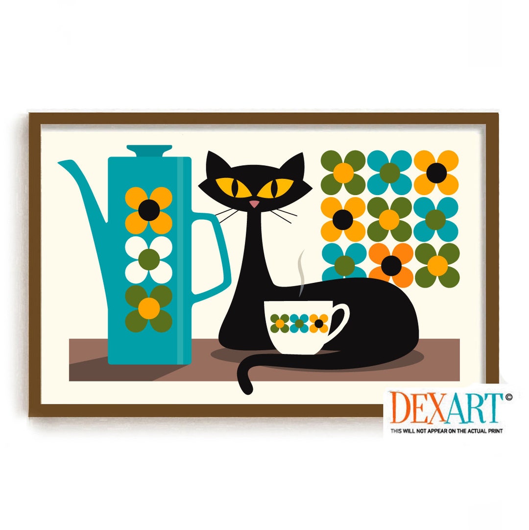 Mid Century Modern Cat and Flower Art Print, Kitchen Wall Decor, Black ...