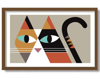 Mid Century Modern Calico Cat Art Print, Calico Cat Decor, Tabby Cat Gift Idea, Cat Lover, Striped Cat, Abstract Art, Retro Tiger Cat