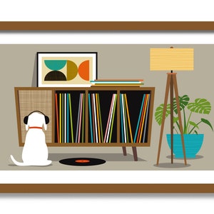 Mid Century Modern Art Print, White Dog Lover Gift, Retro Sideboard, Monstera Print, Vinyl Record Storage, Record Player, Labrador Retriever