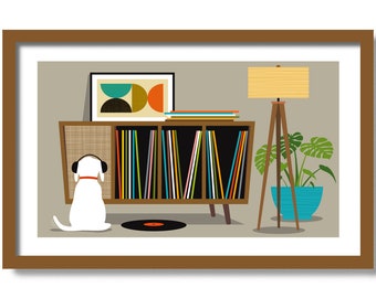 Mid Century Modern Art Print, White Dog Lover Gift, Retro Sideboard, Monstera Print, Vinyl Record Storage, Record Player, Labrador Retriever