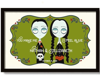 Halloween Wedding Gift for Couples, Skull Decor, Macabre Art, Personalized Art Print Day of the Dead Til Death Do Us Part Skeleton Art